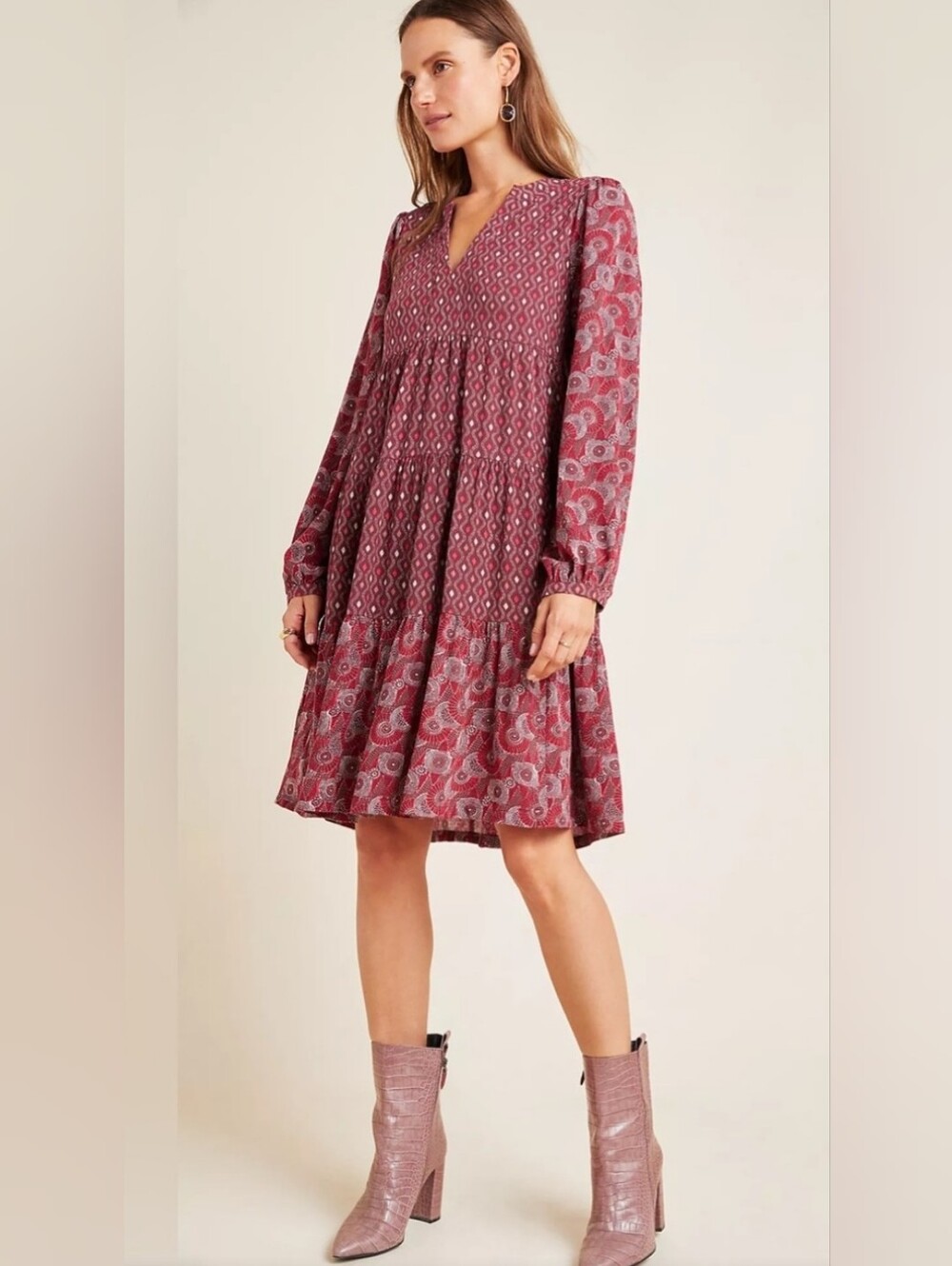 Maeve Anthropologie Boho Tiered Midi Dress Burgundy Print Size Large